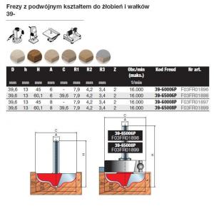 Frez z podwójnym kształtem do żłobień i wałków x 40 x 13 x 60,1 x 6 R1=4,20 R2=4,20 Z2 FREUD 39-65006P
