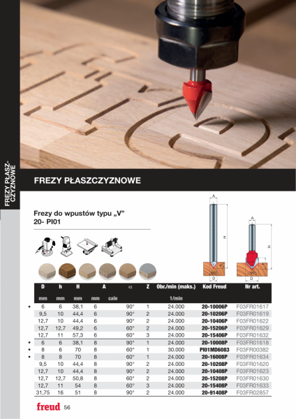 Frez do wpustów typu „V” x 15,80 x 12,50 x 56,5 x 12 Z2 α=90° FREUD 20-10612P